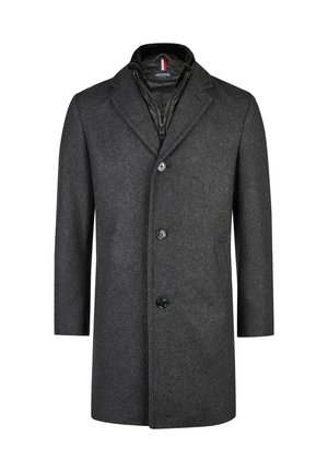 Grau wollener Mantel mit schmalem Kragen, vier Vorderknöpfen und strukturierter Oberfläche. Innentasche mit Reißverschluss sorgt für Funktionalität.