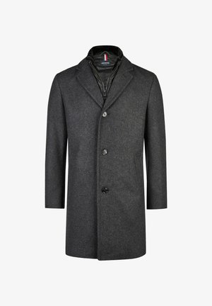 Grå uldfrakke med spids krave, fire forreste knapper og en tekstureret overflade. Indvendig lynlåslomme tilføjer funktionalitet.