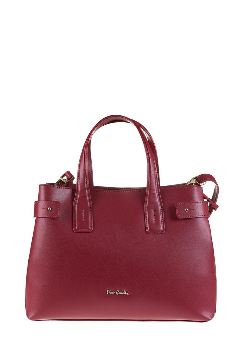 Borsa a tracolla in pelle rossa con doppio manico, chiusura con zip, forma strutturata e piccoli dettagli hardware. Texture liscia con branding minimale.