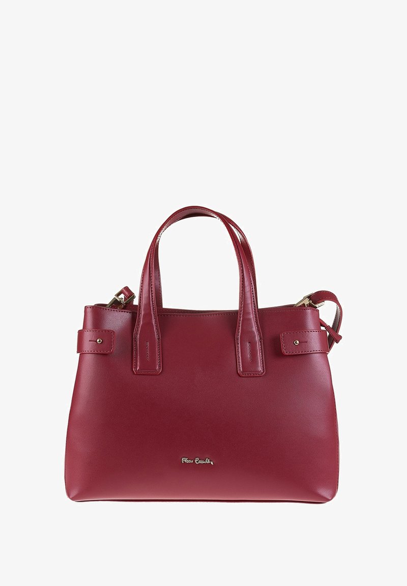 Rote Lederhandtasche mit doppelten Griffen, Reißverschlussverschluss, strukturierter Form und kleinen Hardware-Details. Glatte Textur mit minimaler Markenkennzeichnung.