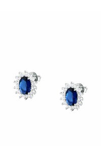 Orecchini a perno in tono argento con una pietra blu ovale circondata da piccole pietre trasparenti, con una finitura liscia e lucida.