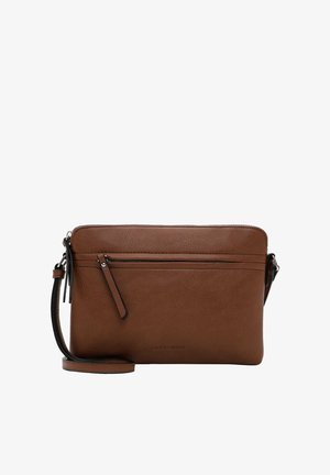 Brown leather crossbody bag with a textured finish, featuring a front zip pocket and an adjustable strap. Subtle branding on the front.