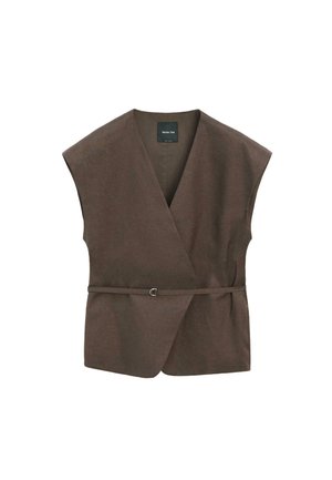 Mouwloos donkerbruin wikkelvest met V-hals en smalle riemsluiting in de taille, minimalistisch ontwerp.