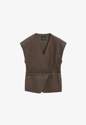 Ärmellose dunkelbraune Wickelweste mit V-Ausschnitt und schmaler Gürtelbefestigung an der Taille, minimalistisches Design.