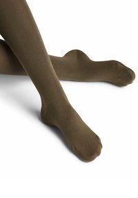 Braune, undurchsichtige Strumpfhosen mit glatter Textur, die eine verstärkte Zehenpartie und eine nahtlose Hüftlinie bieten. Das Material ist dehnbar und enganliegend.