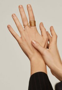 Anillos dorados en los dedos: un anillo ancho con un patrón trenzado y un diseño delgado retorcido. Las manos muestran uñas naturales y un tono de piel claro.
