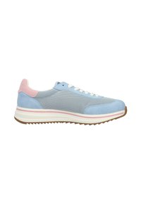 Hellblauer und rosa Sneaker mit niedrigem Schaft, weißen Schnürsenkeln, atmungsaktivem Mesh-Obermaterial und weißer Sohle mit rosa Streifen und braunem Profil.