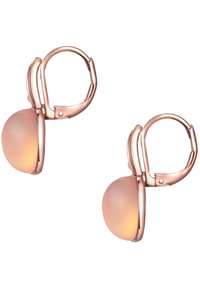 Orecchini a cerchio in oro rosa presentano una pietra arrotondata di colore pesca opaco, fissata con una chiusura ad uncino. Texture liscia e finitura lucida.