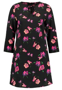 Schwarzes Kleid mit einem floralen Muster in Rosa-, Lila- und Orangetönen, runder Ausschnitt und einer Bindeschleife in der Mitte. Dreiviertelärmel.