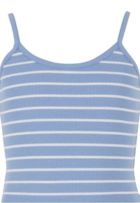 Blue and white striped tank top with ribbed texture, featuring thin straps and a round neckline.
