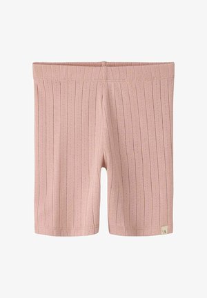 Pink ribbed knit toddler shorts with small side tag featuring the letter "A" on a white background.