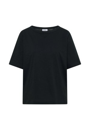 T-shirt noir en coton à manches courtes, col rond et ourlet droit, avec une petite étiquette blanche à l’intérieur du col.