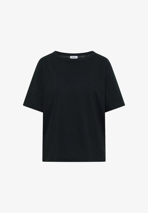T-shirt noir en coton à manches courtes, col rond et ourlet droit, avec une petite étiquette blanche à l’intérieur du col.