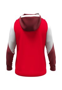 Felpa con cappuccio rossa, maniche bianche e marroni, tessuto liscio, polsini e orlo a costine, dotata di cappuccio con lacci.