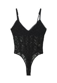 Zwart kanten bodysuit met een diepe V-hals, dunnere bandjes en een aansluitend ontwerp. Heeft een decoratief kanten patroon en een stringcut aan de achterkant.