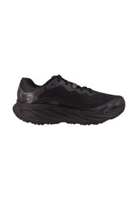 Chaussure de course noire avec un dessus en maille texturée, une semelle rembourrée et une semelle en caoutchouc avec motif. Design minimaliste sans logos visibles.