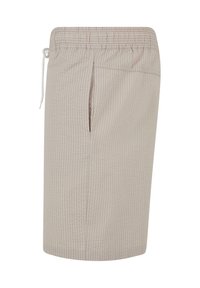 Short beige à rayures verticales, longueur genou, avec taille élastique et poches latérales, vu de profil.