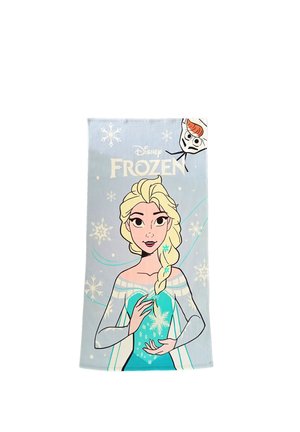 Blaues Handtuch mit dem Disney Frozen-Schriftzug, darauf Elsa mit geflochtenem Haar und Schneeflocken sowie eine kleine Olaf-Figur, die aus der oberen rechten Ecke hervorlugt.
