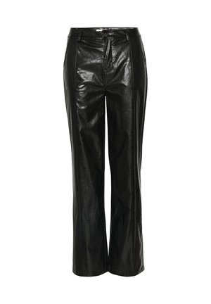 Sorte faux læderbukser med høj talje, lige ben design og blank tekstur. Har forlommer og knaplukning.