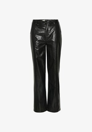 Sorte faux læderbukser med høj talje, lige ben design og blank tekstur. Har forlommer og knaplukning.