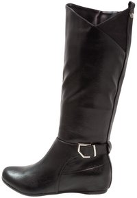 Botte noire en cuir haute avec un bout arrondi, finition lisse, et une boucle décorative en argent au niveau de la cheville. Présente un panneau arrière texturé.