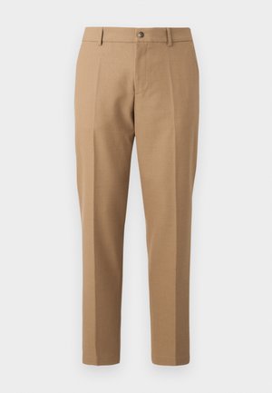 Pantaloni bej, cu un design drept, având un pliu frontal unic, închidere cu nasture și detalii de cusătură subtile.