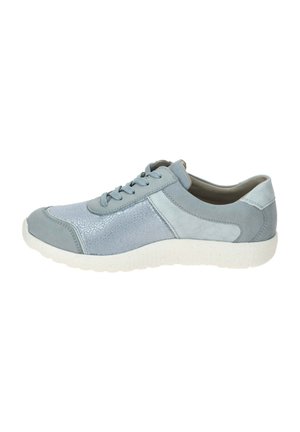 Light blue athletic shoes with a mix of textured and smooth leather, lace-up design, white rubber sole, and round toe.