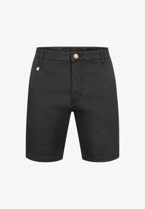 Shorts noirs en coton avec une texture lisse, dotés d'un bouton à l'avant, d'une braguette zippée et de poches latérales. Design simple et fonctionnel.