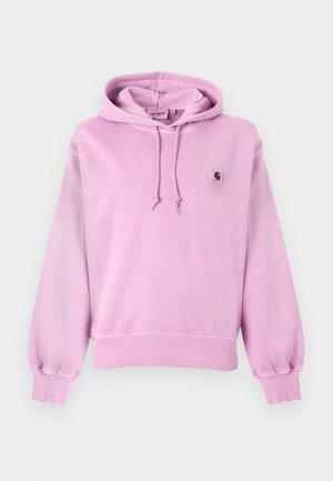 Lichtpaarse pullover hoodie met trekkoorden, geribbelde manchetten en zoom, en een klein zwart-wit Carhartt-logo op de borst.