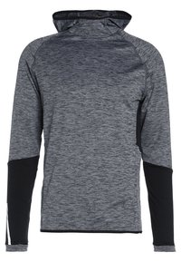 Graues langärmeliges Sportshirt mit Kapuze, mit schwarzen Akzenten an den Ärmeln und einem strukturierten Muster. Leichtes, atmungsaktives Material.