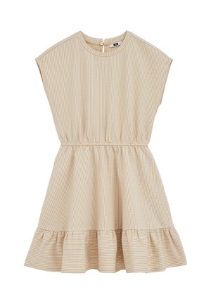 Beiges und weiß gestreiftes Kurzarmkleid mit elastischem Bund, rundem Ausschnitt, Knopfverschluss hinten und gerafftem Saum.