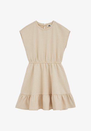 Īss piedurkņu kleita ar bēša un baltas svītras, elastīgu vidukli, apaļu kakla izgriezumu, pogu aizdari aizmugurē un volānu apakšmalu.