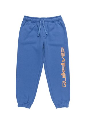 Blauwe joggingbroek gemaakt van katoen, met een elastische tailleband en boorden. Opvallend oranje "Quiksilver" logo op het linkerbeen.