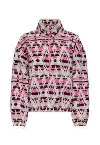 Fleece-Pullover mit hohem Kragen, pinkem Reißverschluss und geometrischem Muster in den Farben Pink, Braun und Beige, mit langen Ärmeln und elastischen Bündchen.
