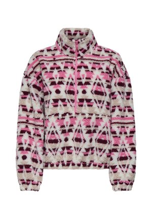 Fleece pullover with high collar, pink zipper, and geometric pattern in shades of pink, brown, and beige, featuring long sleeves and elastic cuffs.