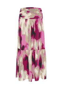 Gonna a balze floreale nei colori rosa, beige e nero. Presenta una vita arricciata e una texture di tessuto morbido e fluido.