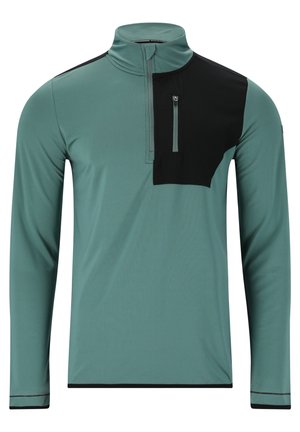Langärmliger grüner Pullover mit schwarzem Brustpaneel, hohem Kragen, Viertel-Reißverschluss vorne und Reißverschlusstasche auf der Brust.