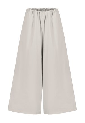 Beige Weitbein-Hose mit elastischem Bund, mittlerer Leibhöhe und ohne sichtbare Taschen, auf weißem Hintergrund dargestellt.