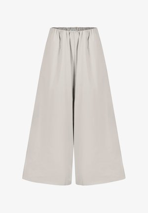 Beige Weitbein-Hose mit elastischem Bund, mittlerer Leibhöhe und ohne sichtbare Taschen, auf weißem Hintergrund dargestellt.