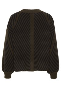 Maglione lavorato a maglia in verde oliva con strisce diagonali blu navy. Presenta un collo rotondo, polsini larghi e un design con vestibilità ampia. La texture è morbida.