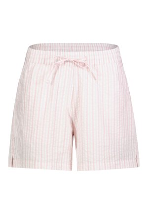 Helle rosa und weiße Shorts mit vertikalen Streifen, einem elastischen Bund und einem vorderen Kordelzug.