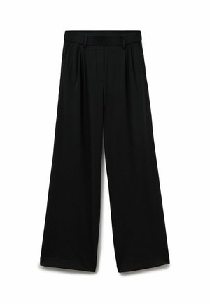 Černé kalhoty s vysokým pasem a širokými nohavicemi, s poutky na opasek, bočními kapsami a předním zipem s háčkovým zapínáním, zobrazené na bílém pozadí.