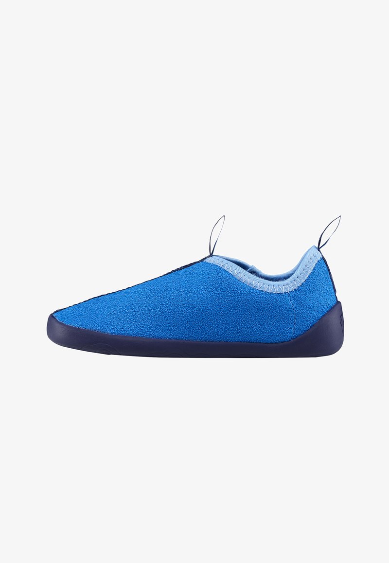 Blue lightweight shoe with a textured fabric upper and navy rubber sole. Features pull tabs and a streamlined, low-profile design.