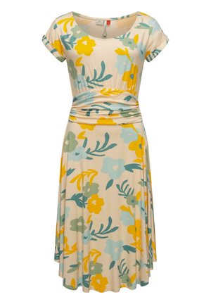 Floral dress in cream, featuring yellow and blue flowers, short sleeves, gathered waist, and flowing skirt. Made of soft, lightweight fabric.