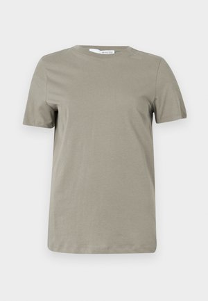 T-shirt à manches courtes couleur kaki en tissu doux. Col rond ; ourlet droit. Design minimaliste sans motifs ni accents visibles.