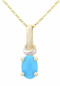 Kultaketju, jossa on kulta- ja hopeariipus, jossa neljä kultakynkystä pidettävä kirkas ovaalinmuotoinen turkoosikivi.