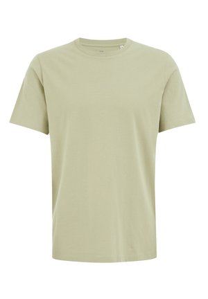 Šviesiai žalia trumpa rankovė T-marškiniai, pagaminti iš minkštos medvilnės, su apvaliu iškirpimu ir standartiniu pritaikymu, be matomų raštų ar akcentų.