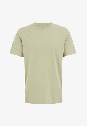 Šviesiai žalia trumpa rankovė T-marškiniai, pagaminti iš minkštos medvilnės, su apvaliu iškirpimu ir standartiniu pritaikymu, be matomų raštų ar akcentų.