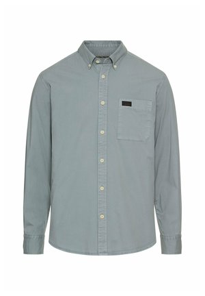 Men's light blue button-up shirt with long sleeves, a buttoned collar, front pocket, and cream-colored buttons.
