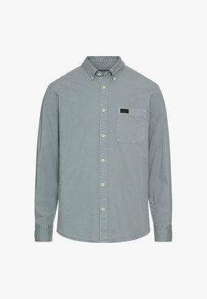 Heren lichtblauw button-up shirt met lange mouwen, een knoopsluiting kraag, een voorzak en roomkleurige knopen.